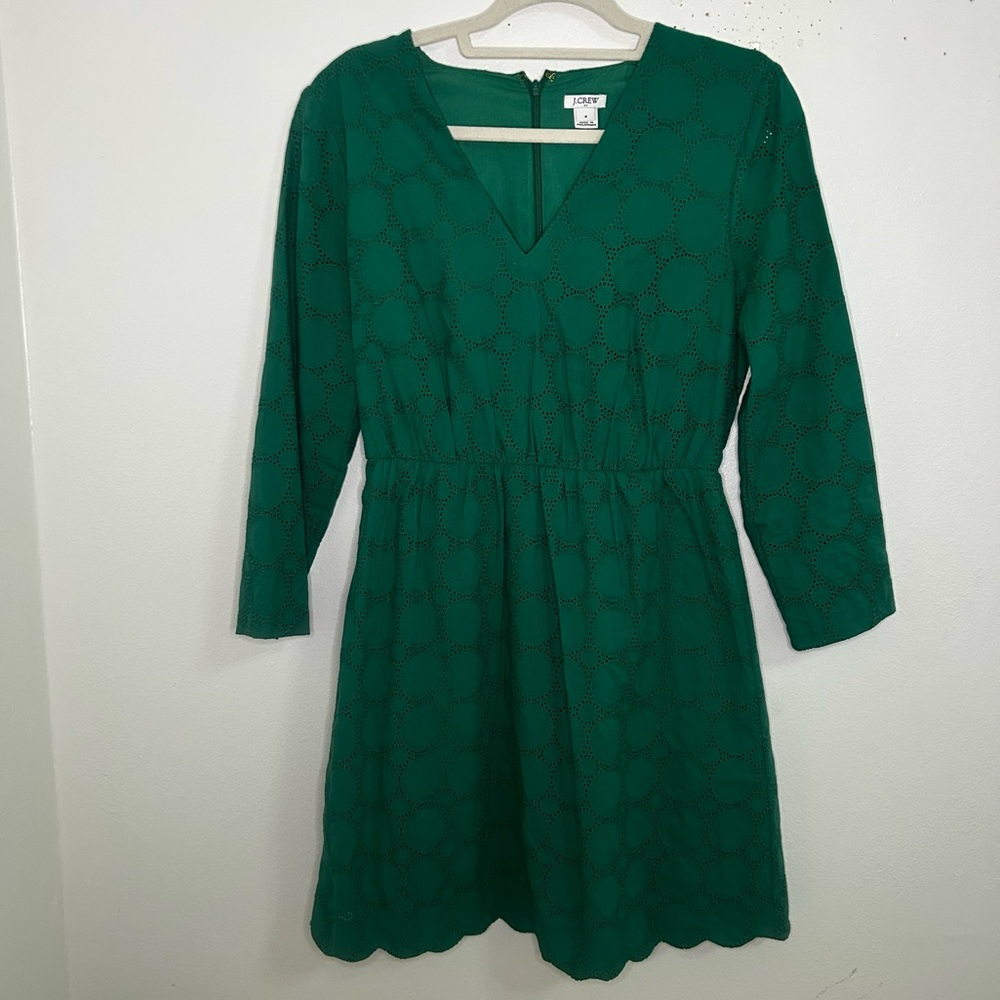 Jcrew green scalloped hem Vneck 3/4 length sleeve dress size 4